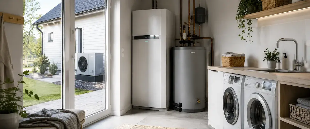 Bergvärmepump inomhus med varmvattenberedare, och en luft/vatten-värmepumps utomhusdel synlig genom fönstret