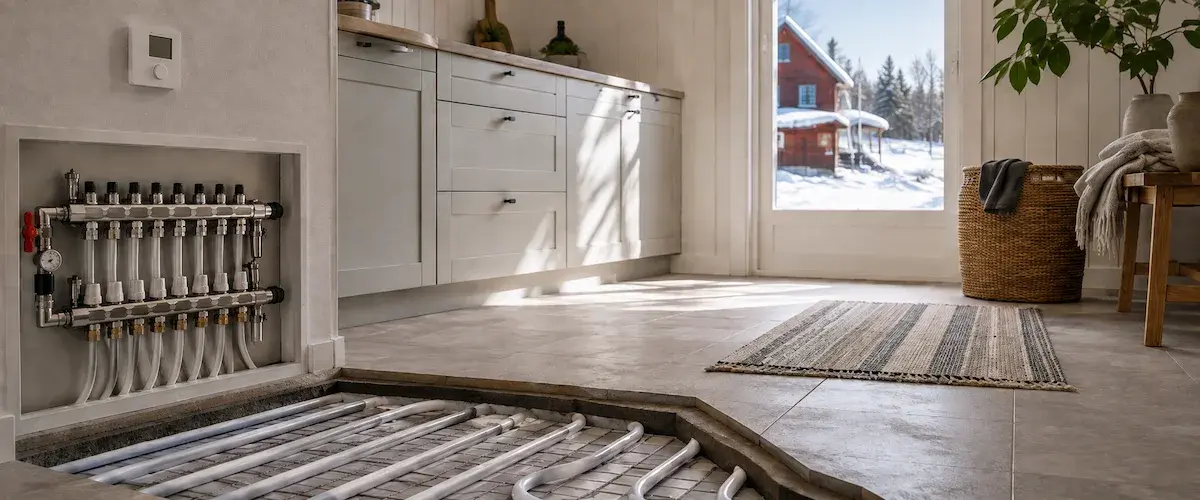 Golvvärmeslingor och fördelarskåp i en hall, med ett snötäckt hus synligt genom fönstret